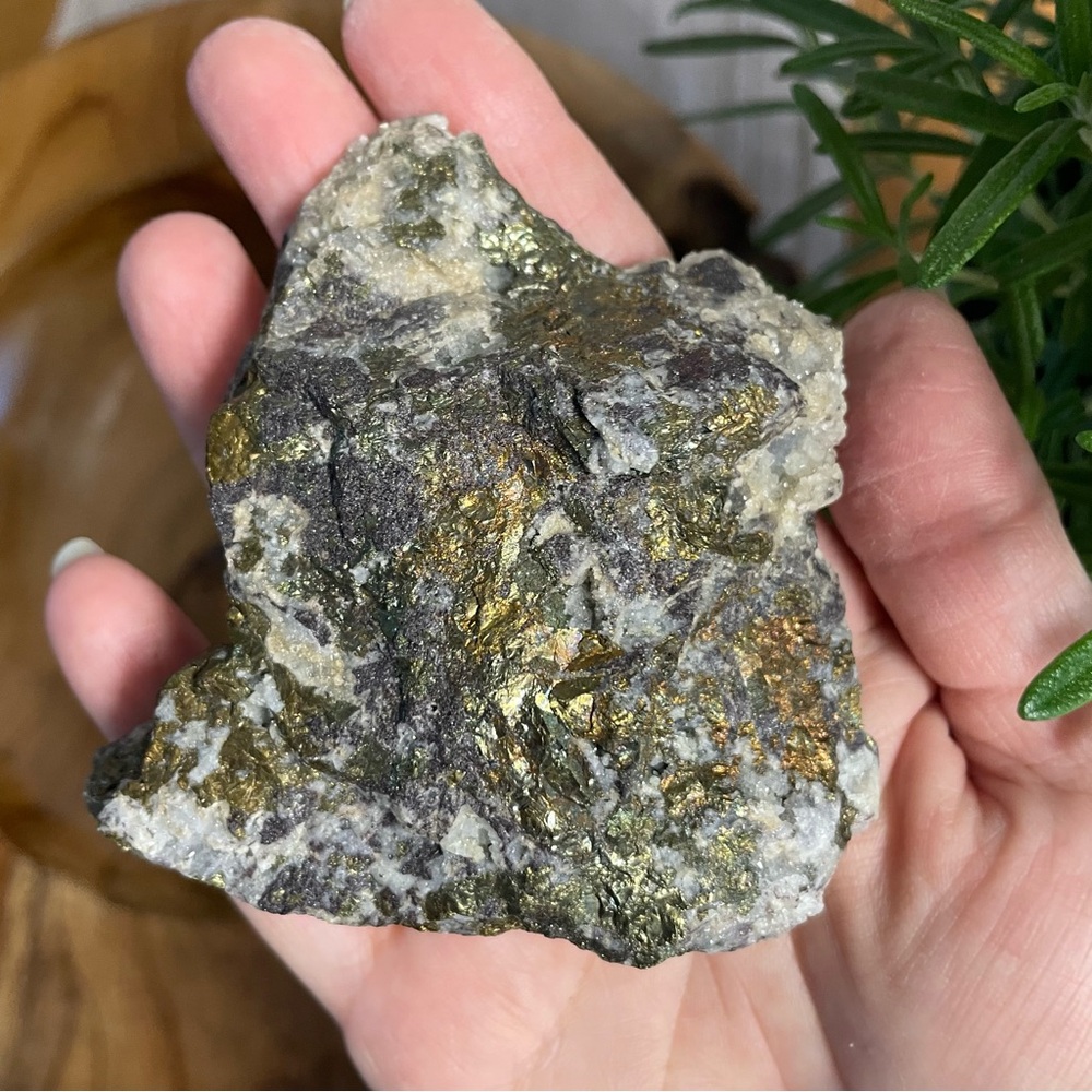 Chalcopyrite and quartz  Natural Stone Accent with Gold and Gray Hues